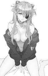 Rule 34 | 1girl, barefoot, breasts, brown hair, choker, coat, evangelion: 3.0+1.0 thrice upon a time, eyepatch, highres, interface headset, jacket, jacket on shoulders, legs, long hair, looking at viewer, medium breasts, monochrome, naked jacket, navel, neon genesis evangelion, nipples, nishieda, no bra, open clothes, open jacket, rebuild of evangelion, shiny skin, simple background, sitting, souryuu asuka langley, standing, two side up, very long hair, wide hips