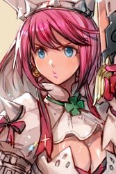 Rule 34 | 1girl, arc system works, blue eyes, breasts, cleavage, clover, dress, elphelt valentine, four-leaf clover, guilty gear, guilty gear xrd, hat, hungry clicker, jewelry, large breasts, pink hair, short hair, smile, solo, spikes