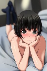 Rule 34 | 1girl, black hair, black socks, blurry, blurry background, blush, breasts, closed mouth, commentary request, depth of field, elbow rest, feet up, grey eyes, highres, looking at viewer, lying, matsunaga kouyou, medium hair, nude, on bed, on stomach, original, small breasts, smile, socks, solo