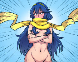 Rule 34 | 10s, 1girl, akairiot, bad id, bad tumblr id, blue hair, blush, censored, convenient censoring, covered mouth, crossed arms, crossover, emphasis lines, fire emblem, fire emblem awakening, full-face blush, hair censor, hair over breasts, long hair, looking away, lucina (fire emblem), naked scarf, navel, ninja slayer, nintendo, nude, out-of-frame censoring, scarf, solo, sparkle, swimsuit, tiara