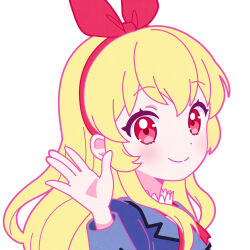 Rule 34 | 1girl, aikatsu!, aikatsu! (series), bad id, bad twitter id, blonde hair, blue jacket, bow, closed mouth, commentary request, hair bow, hairband, hand up, hoshimiya ichigo, jacket, long hair, long sleeves, looking at viewer, nekomachi nao, red bow, red eyes, red hairband, school uniform, sidelocks, simple background, smile, solo, starlight academy school uniform, upper body, white background