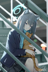 Rule 34 | 1girl, absurdres, animal ears, blazer, blue archive, blue eyes, blue scarf, blurry, cat, chanism!, commentary, cross hair ornament, depth of field, english commentary, extra ears, grey hair, hair between eyes, hair ornament, halo, highres, jacket, long sleeves, looking at another, mismatched pupils, petting, plaid, plaid skirt, pleated skirt, scarf, school uniform, shiroko (blue archive), short hair, sidelocks, sitting, sitting on stairs, skirt, smile, stairs, wolf ears, wolf girl