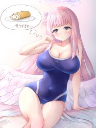 Rule 34 | 1girl, absurdres, alternate costume, blue archive, blue one-piece swimsuit, blunt bangs, blush, breasts, cleavage, collarbone, commentary request, competition school swimsuit, dae (dog-of-maou), gradient background, hair bun, halo, head tilt, highres, large breasts, legs together, long hair, low wings, mika (blue archive), navel, one-piece swimsuit, pink background, pink hair, purple halo, school swimsuit, simple background, single side bun, solo, swimsuit, thighs, very long hair, white background, wide hips, wings, yellow eyes