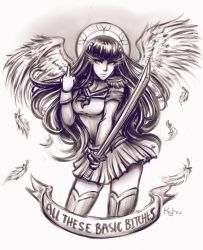 Rule 34 | 10s, 1girl, angel wings, boots, english text, epaulettes, eyebrows, eyelashes, halo, iahfy, junketsu, kill la kill, kiryuuin satsuki, long hair, middle finger, monochrome, out of character, profanity, ranguage, skirt, skirt set, solo, sword, thick eyebrows, thigh boots, thighhighs, weapon, wings, zettai ryouiki