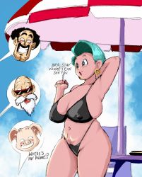 Rule 34 | 1girl, 3boys, :o, arm behind head, arm up, armpits, beard, bikini, blue eyes, breasts, bulma, chair, cigarette, cleavage, clenched teeth, cloud, covered erect nipples, day, dragon ball, dragon ball gt, earrings, english text, facial hair, feet out of frame, female pubic hair, green hair, groin, highres, holding, holding cigarette, hoop earrings, huge breasts, jewelry, legs, mr. satan, multiple boys, mustache, muten roushi, navel, old, old man, oolong, open mouth, outdoors, pubic hair, pubic hair peek, short hair, sky, smoke, speech bubble, standing, sunglasses, swimsuit, teeth, thighs, ultivlad