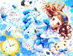 Rule 34 | 1girl, ace (playing card), ace of spades, black headwear, blue bow, blue capelet, blue dress, blue flower, blue footwear, blue hairband, blush, bow, brown hair, capelet, card, clock, club (shape), commentary request, diamond (shape), dress, flower, frilled dress, frills, full body, fur-trimmed capelet, fur trim, hairband, hat, heart, higanbana no saku yoru ni, highres, holding, holding stuffed toy, kusunoki midori, long hair, long sleeves, looking at viewer, open mouth, pantyhose, playing card, puffy long sleeves, puffy sleeves, red eyes, roman numeral, sakurazawa izumi, shoes, solo, spade (shape), striped bow, striped clothes, striped pantyhose, stuffed animal, stuffed rabbit, stuffed toy, teddy bear, top hat