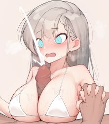 Rule 34 | 1boy, 1girl, bare arms, bare shoulders, bikini, blue eyes, blush, braid, braided bangs, breasts, brown background, censored, clothed female nude male, clothed sex, commentary request, cum, dark-skinned male, dark skin, earrings, ejaculation, fingernails, grey hair, hair behind ear, halterneck, hands up, handsfree paizuri, hetero, highres, hisakawa hayate, holding hands, idolmaster, idolmaster cinderella girls, interlocked fingers, jewelry, large breasts, long hair, looking at another, micro bikini, mosaic censoring, nose blush, nude, open mouth, paizuri, paizuri under clothes, penis, projectile cum, rfeulgen, simple background, single braid, solo focus, steaming body, string bikini, sweat, swimsuit, wavy mouth, white bikini
