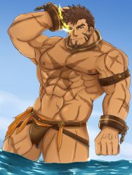 Rule 34 | 1boy, abs, bara, bare pectorals, brown hair, brown male underwear, bulge, cross scar, facial hair, flaming eye, goatee, hand on own head, heracles (housamo), highres, inari konko (inari sushi3), large pectorals, loincloth, long sideburns, male focus, male underwear, mature male, muscular, muscular male, navel, nipples, pectorals, revealing clothes, scar, scar on arm, scar on chest, short hair, sideburns, smile, solo, stomach, thick thighs, thighs, tokyo houkago summoners, underwear
