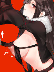 Rule 34 | 1girl, areola slip, arms up, arrow (symbol), black hair, blush, breasts, clothes lift, ear piercing, fate/grand order, fate (series), from side, fur trim, hair between eyes, highres, large breasts, leaning forward, lifting another&#039;s clothes, long hair, long sleeves, looking at viewer, looking to the side, motion lines, nipple slip, nipples, nose blush, parted lips, pd (pdpdlv1), piercing, profile, red background, red eyes, revealing clothes, ribbon trim, shrug (clothing), sideways glance, simple background, solo focus, sweat, upper body, yu mei-ren (fate)