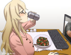 Rule 34 | 1girl, alcohol, alternate costume, asahi breweries, beer, beer can, bespectacled, blonde hair, brand name imitation, can, chopsticks, closed eyes, computer, contact lens, drink can, drinking, food, glasses, holding, holding can, iowa (kancolle), kantai collection, keyboard, long hair, misumi (niku-kyu), monitor, computer mouse, solo, star-shaped pupils, star (symbol), symbol-shaped pupils, twitter username