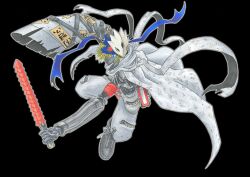 Rule 34 | 1boy, baalmon, digimon, digimon (creature), highres, male focus, mask, red eyes, solo, sword, third eye, weapon