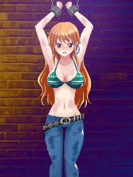 Rule 34 | bdsm, belt, bikini top, bondage, bound, bruise, chain, chained, denim, dungeon, highres, injury, jeans, long hair, nami (one piece), one piece, orange hair, pants, sweat, torn clothes, torture