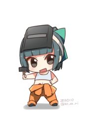 Rule 34 | 10s, 1girl, bare shoulders, bow, brown eyes, chibi, dated, green eyes, hair bow, hair ribbon, hammer, hand on own hip, holding, jumpsuit, kantai collection, koruri, long hair, mask, mask on head, navel, open mouth, orange jumpsuit, ponytail, ribbon, simple background, solo, standing, tank top, twitter username, welding mask, white background, yuubari (kancolle)