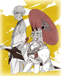 Rule 34 | 1boy, 1girl, bare shoulders, body markings, bowl cut, cropped legs, earrings, facial mark, fate/grand order, fate (series), fingernails, forehead mark, formal, horns, ibaraki douji (fate), isagiyo, japanese clothes, jewelry, kimono, long hair, monochrome, off shoulder, oil-paper umbrella, oni, oni horns, pointy ears, red umbrella, sharp fingernails, short kimono, spot color, suit, sword, two-tone background, umbrella, watanabe no tsuna (fate), weapon