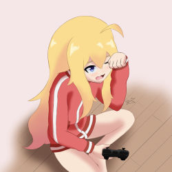 Rule 34 | 1girl, absurdres, blonde hair, bottomless, controller, domingos, gabriel dropout, gabriel tenma white, highres, legs, long hair, long sleeves, one eye closed, purple eyes, rubbing eyes, signature, sitting, solo