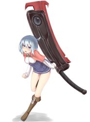 Rule 34 | 1girl, blue eyes, blue hair, blush, boots, breasts, brown footwear, character request, copyright request, full body, highres, holding, holding weapon, knee boots, leaning forward, long sleeves, looking at viewer, medium breasts, open mouth, reinama, sheath, sheathed, solo, weapon