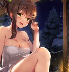 Rule 34 | 1girl, :d, blurry, blurry background, blush, breasts, brown hair, cleavage, collarbone, green eyes, green nails, hand up, knee up, large breasts, lens flare, long hair, looking at viewer, nail polish, naked towel, night, onsen, open mouth, original, sidelocks, smile, solo, towel, wet, yuuki yuu