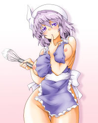 Rule 34 | 1girl, apron, bare shoulders, between breasts, blush, bottomless, breast lift, breasts, breasts squeezed together, female focus, groin, hat, large breasts, letty whiterock, naked apron, no panties, purple eyes, purple hair, short hair, simple background, solo, ta ki, touhou, whisk