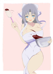 Rule 34 | 10s, 1girl, apron, artist request, bare shoulders, blue eyes, blush, breasts, cleavage, covered navel, curvy, female focus, grey hair, hair ribbon, large breasts, long hair, looking at viewer, naked apron, navel, open mouth, ribbon, senran kagura, smile, solo, thick thighs, thighs, wide hips, yumi (senran kagura)