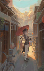 Rule 34 | 1girl, absurdres, alley, architecture, bicycle, black coat, black footwear, black hat, black shorts, breasts, brown hair, bug, butterfly, coat, coattails, day, drainpipe, east asian architecture, frost 002, genshin impact, hands up, hat, highres, holding, holding umbrella, house, hu tao (genshin impact), insect, kneehighs, lantern, legwear garter, light particles, long hair, looking at animal, oil-paper umbrella, outdoors, paper lantern, power lines, reaching, shoes, shorts, sky, small breasts, socks, stairs, standing, tassel, twintails, umbrella, very long hair, white socks