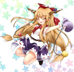 Rule 34 | 1girl, alcohol, bad id, bad pixiv id, balancing, belt, blonde hair, bow, chain, cuffs, cup, closed eyes, female focus, floral background, flower, gourd, hair bow, hair tie, horn ornament, horn ribbon, horns, ibuki suika, jumping, legs up, long hair, object on head, open hand, open mouth, outstretched arms, ribbon, sakazuki, sake, scarlet 0915, shackles, shirt, sidelocks, skirt, sleeveless, sleeveless shirt, solo, touhou, very long hair, white background, wrist cuffs