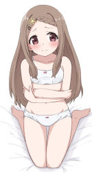 Rule 34 | 1girl, aoba kokona, bare arms, bare legs, bare shoulders, barefoot, bed sheet, blush, bow, bow bra, bow panties, bra, braid, braided bangs, brown eyes, brown hair, closed mouth, collarbone, commentary request, flower, full body, hair flower, hair ornament, hairclip, highres, kneeling, long hair, navel, panties, parted bangs, solo, takasuma hiro, training bra, underwear, very long hair, white background, white bra, white panties, yama no susume, yellow flower