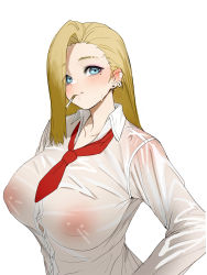 Rule 34 | 1girl, blonde hair, blue eyes, blush, breasts, cigarette, collarbone, ear piercing, earrings, eyes visible through hair, eyeshadow, highres, jewelry, large breasts, long hair, makeup, mole, mole under eye, mouth hold, necktie, nipples, original, p-gnesium, piercing, pink eyeshadow, red necktie, see-through, simple background, solo, sweat, white background