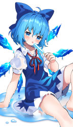 Rule 34 | 1girl, absurdres, blue bow, blue dress, blue eyes, blue hair, blush, bow, cirno, collared shirt, commission, detached wings, dress, fairy, food, hair between eyes, hair bow, highres, holding, holding food, ice, ice wings, pinafore dress, pixiv commission, popsicle, puffy short sleeves, puffy sleeves, shirt, short hair, short sleeves, simple background, sleeveless dress, solo, tongue, tongue out, touhou, white background, white shirt, wings, yuujin (yuzinn333)