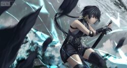 Rule 34 | 1girl, bandaged hand, bandages, black hair, black thighhighs, breasts, closed mouth, female rover (wuthering waves), gloves, glowing, glowing eyes, grey sky, highres, holding, holding sword, holding weapon, long hair, looking at viewer, medium breasts, rock, rulxierinor, shirt, signature, sky, sleeveless, sleeveless shirt, solo, sword, thighhighs, twintails, weapon, wuthering waves