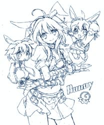 Rule 34 | animal ears, bad id, bad pixiv id, blue theme, rabbit ears, citri, looking at viewer, lowres, monochrome, open mouth, short hair, skirt, smile, yuetsuki (ash)