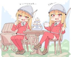 Rule 34 | 2girls, age of empires ii, blonde hair, blush, bow (weapon), brown footwear, buttons, commentary request, crossed legs, cup, cupcake, double-breasted, food, helmet, holding, holding cup, jacket, loafers, longbowman (age of empires ii), midriff, multiple girls, open mouth, outdoors, red eyes, red jacket, red legwear, shoes, silver bell, sitting, smile, smug, table, tea set, teacup, thighhighs, translation request, trebuchet, weapon, wooden chair, wooden table, zettai ryouiki