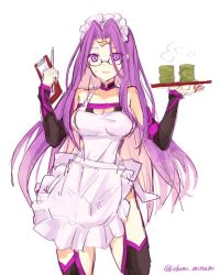 Rule 34 | 1girl, alternate costume, apron, breasts, choker, cleavage, clipboard, collarbone, commentary, cowboy shot, cup, detached sleeves, dress, facial mark, fate/grand order, fate (series), forehead mark, glasses, hip vent, izumi minami, large breasts, long hair, looking at viewer, maid, maid apron, maid headdress, medusa (fate), medusa (rider) (fate), medusa (rider) (third ascension) (fate), open mouth, pen, purple eyes, sketch, solo, strapless, strapless dress, sweat, teacup, tray, twitter username, very long hair, white background