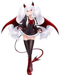 Rule 34 | 1girl, big hair, black thighhighs, blush, boots, bow, breasts, cleavage, clothes lift, collarbone, covered navel, demon girl, demon horns, demon tail, demon wings, dress, dress lift, evo grim, full body, gluteal fold, grim aloe, hair between eyes, highres, horns, lifted by self, long hair, long sleeves, looking at viewer, low wings, miniskirt, official art, pleated skirt, quiz magic academy, red eyes, red footwear, red wings, sailor collar, skirt, skirt lift, smile, standing, tail, thighhighs, twintails, very long hair, white background, white hair, wings