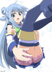 Rule 34 | 1girl, absurdres, aqua (konosuba), bare shoulders, beads, blue eyes, blue footwear, blue hair, blue skirt, blush stickers, boots, bow, breasts, brooch, cynical (llcbluckg c004), detached sleeves, full body, gem, green bow, hair ornament, hair rings, highres, jewelry, kono subarashii sekai ni shukufuku wo!, leg lift, long hair, looking at viewer, medium breasts, no panties, simple background, skirt, sleeveless, soap bubbles, solo, thighhighs, thighhighs under boots, top-down bottom-up, very long hair, white background, white sleeves