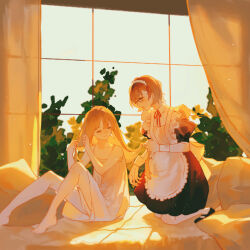 Rule 34 | 2girls, apron, bare arms, bare legs, barefoot, black dress, blonde hair, brown hair, camisole, closed eyes, closed mouth, curtains, day, dress, flat chest, hair ribbon, hand in own hair, highres, holding another&#039;s hair, indoors, kneeling, knees up, light particles, long hair, maid, maid apron, maid headdress, misaka mikoto, multiple girls, on bed, parted lips, profile, puffy short sleeves, puffy sleeves, red ribbon, ribbon, shokuhou misaki, short hair, short sleeves, sitting, sky, spaghetti strap, sunlight, toaru kagaku no railgun, toaru majutsu no index, tree, white camisole, white wrist cuffs, window, wrist cuffs, yellow theme, youlili, yuri