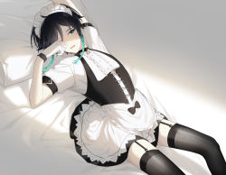 Rule 34 | 1boy, absurdres, alternate costume, apron, arm up, bed sheet, black hair, black thighhighs, blue hair, bow, braid, crossdressing, enmaided, frills, garter straps, genshin impact, gloves, gradient hair, green eyes, hair ornament, highres, kkopoli, long hair, lying, maid, maid apron, maid headdress, male focus, multicolored hair, on back, one eye covered, open mouth, pillow, rubbing eyes, short sleeves, simple background, skirt, solo, thighhighs, thighs, trap, twin braids, venti (genshin impact), white gloves