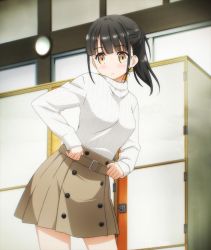 Rule 34 | 10s, 1girl, adjusting clothes, belt, belt buckle, black hair, breasts, brown eyes, brown skirt, buckle, hanasaka yui, highres, holding, indoors, long sleeves, looking at viewer, one room, ponytail, ribbed sweater, screencap, short hair, skirt, sleeves past wrists, solo, standing, stitched, sweater, third-party edit, turtleneck, turtleneck sweater, white sweater