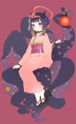 Rule 34 | 1girl, absurdres, adapted costume, alternate costume, alternate hairstyle, blunt bangs, braid, cherry blossoms, chiyomaru (yumichiyo0606), eyelashes, french braid, full body, hair ornament, halo, high heels, highres, hololive, hololive english, japanese clothes, kanzashi, kimono, knot, lantern, light blush, looking at viewer, ninomae ina&#039;nis, obi, paper lantern, pink kimono, red background, sandals, sash, shoe dangle, sidelocks, simple background, solo, tabi, tentacle chair, tentacle hair, tentacles, virtual youtuber