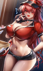 Rule 34 | 1girl, absurdres, alternate costume, been, belt, box, breasts, choker, cleavage, crop top, elesis (elsword), elsword, fingerless gloves, gloves, highres, holding, holding box, large breasts, long hair, midriff, navel, open mouth, partially unzipped, pointing, pointing at self, red eyes, red hair, short shorts, shorts, solo focus, stomach, very long hair, visor cap, white belt