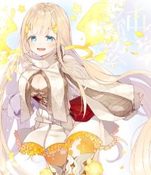 Rule 34 | 1girl, blonde hair, blue eyes, blush, cleavage cutout, clothing cutout, dress, energy wings, flower, hair flower, hair ornament, happy, high collar, highres, legband, long hair, long sleeves, looking at viewer, mcmcmococo, nail polish, orange nails, orange thighhighs, petals, petticoat, puffy long sleeves, puffy sleeves, rapunzel (sinoalice), simple background, sinoalice, solo, thighhighs, very long hair, yellow flower