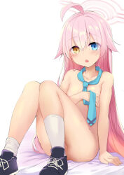 1girl ahoge blue_archive blue_eyes blush breasts collarbone covering_breasts covering_privates hair_between_eyes halo heterochromia highres hoshino_(blue_archive) kneehighs long_hair looking_at_viewer necktie nude open_mouth pink_hair sen_(astronomy) shoes sitting small_breasts sneakers socks yellow_eyes