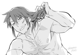 Rule 34 | 1boy, abs, bara, chest hair, dasshu (dashi now), facial hair, greyscale, grin, ishuzoku reviewers, leg hair, long hair, looking at viewer, male focus, mature male, monochrome, mustache stubble, nipples, nude, pectorals, seductive smile, sidelocks, smile, solo, sparse stubble, stomach, stubble, stunk, sweat, taker pov, toned, toned male, untying hair, upper body
