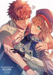Rule 34 | 1boy, 1girl, arm around shoulder, artoria caster (fate), artoria caster (second ascension) (fate), artoria pendragon (fate), black gloves, blonde hair, blue bow, blue cape, blue headwear, blush, bow, cape, collarbone, emiya shirou, fate (series), gloves, green eyes, hair between eyes, hand up, hat, highres, jacket, limited/zero over, long hair, long sleeves, looking at another, looking at viewer, open mouth, red hair, senji muramasa (fate), short hair, simple background, twitter username, white background, white cape, white jacket, yanagiba kiriko, yellow eyes