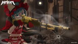 Rule 34 | 1girl, aiming, alley, animal ears, aqua eyes, aqua hair, artist request, belt, capelet, copyright name, earrings, fur, garter straps, glasses, gloves, gun, highres, invidia, jewelry, little red riding hood, looking at viewer, magicami, moon, official art, red gloves, rifle, short hair, tail, underwear, wallpaper, weapon, wolf ears, wolf tail