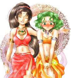 Rule 34 | 2girls, ^ ^, black hair, blush, breasts, choker, cleavage, closed eyes, fire emblem, fire emblem: thracia 776, green eyes, green hair, lara (fire emblem), long hair, lowres, medium breasts, multiple girls, navel, nervous, nintendo, outstretched arm, ponytail, red sarong, sarong, smile, sweat, tina (fire emblem), usachu now
