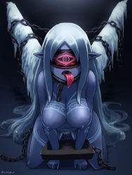 Rule 34 | 1girl, angel, angel ghoul (mon-musu quest!), artist name, blue skin, breasts, chain, collar, colored skin, covered eyes, demon, demon girl, eyepatch, facing viewer, female focus, gradient background, grey hair, highres, large breasts, light, long hair, long tongue, mon-musu quest!, monster girl, navel, nipples, nude, open mouth, parted bangs, pointy ears, pussy juice, restrained, saliva, sexually suggestive, simple background, solo, tattoo, to kage p, tongue, tongue out, very long hair, wings