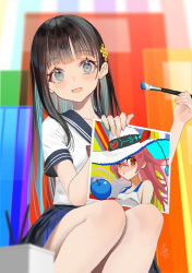 Rule 34 | 2girls, aqua hair, black hair, blue skirt, blunt bangs, blurry, blurry background, blush, bow, bowtie, collarbone, collared shirt, depth of field, feet out of frame, fingernails, grey eyes, hair between eyes, hair ornament, hands up, highres, holding, looking at viewer, mizo-chan (yamahara), multicolored hair, multiple girls, open mouth, original, paintbrush, painting (object), pink hair, pixel art, pleated skirt, red bow, red bowtie, red eyes, school uniform, shadow, shirt, short sleeves, sidelocks, signature, sitting, skirt, sleeveless, sleeveless shirt, streaked hair, white headwear, yamahara