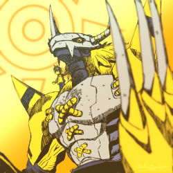 Rule 34 | 2boys, armor, bandai, biceps, claws, digimon, digimon adventure: (2020), full armor, giant, horns, looking to the side, medium hair, multiple boys, muscular, official art, size difference, wargreymon, watanabe kenji, weapon, yagami taichi, yellow background