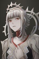 Rule 34 | 1girl, choker, fire emblem, fire emblem heroes, grey hair, hand on own chest, lips, looking at viewer, nintendo, official alternate hairstyle, red eyes, short hair, sidelocks, tagme, veronica (fire emblem)