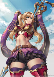 Rule 34 | 1girl, absurdres, armor, armored boots, belt, bike shorts, bikini armor, blonde hair, boots, braid, breasts, commission, cropped legs, gauntlets, granblue fantasy, granblue fantasy versus, green eyes, hair intakes, highres, lips, long hair, medium breasts, midriff, miniskirt, polearm, red armor, shawl, skirt, sky, smile, solo, standing, thigh boots, tre artz, twintails, weapon, zeta (granblue fantasy)